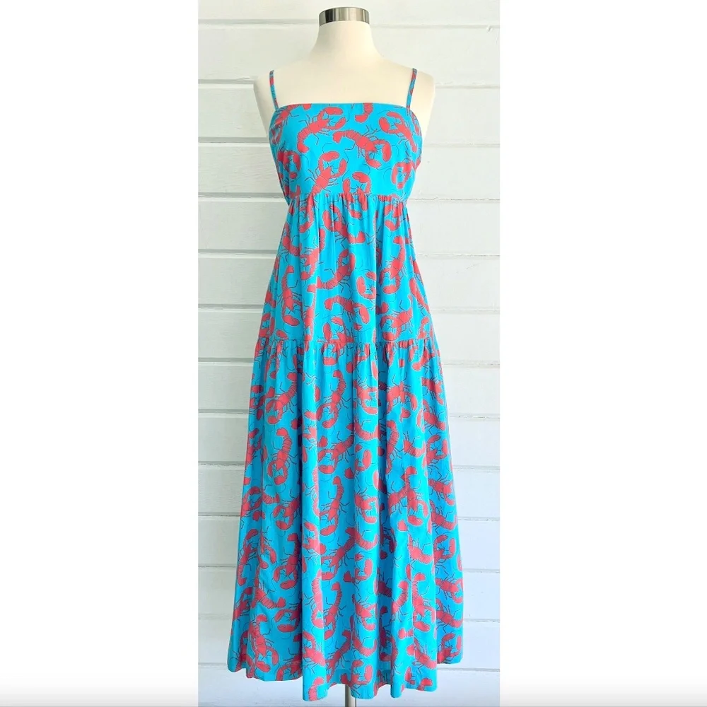 J. CREW FACTORY Strappy Tie-Back Tiered Midi Dress in Blue Lobster Print - 10 - Picture 2 of 13